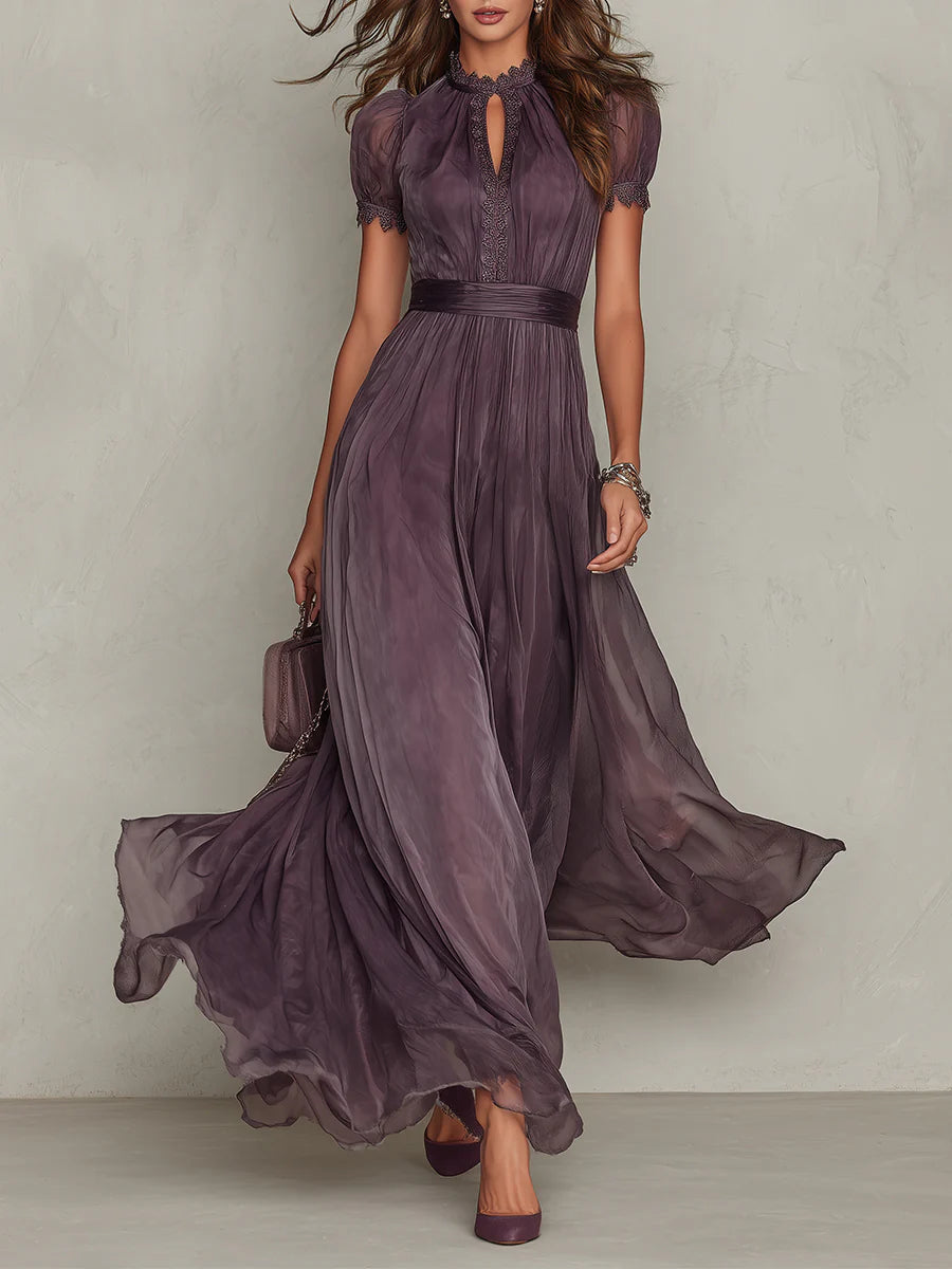Purple Keyhole Neckline Chiffon Lace Trim Maxi Dress